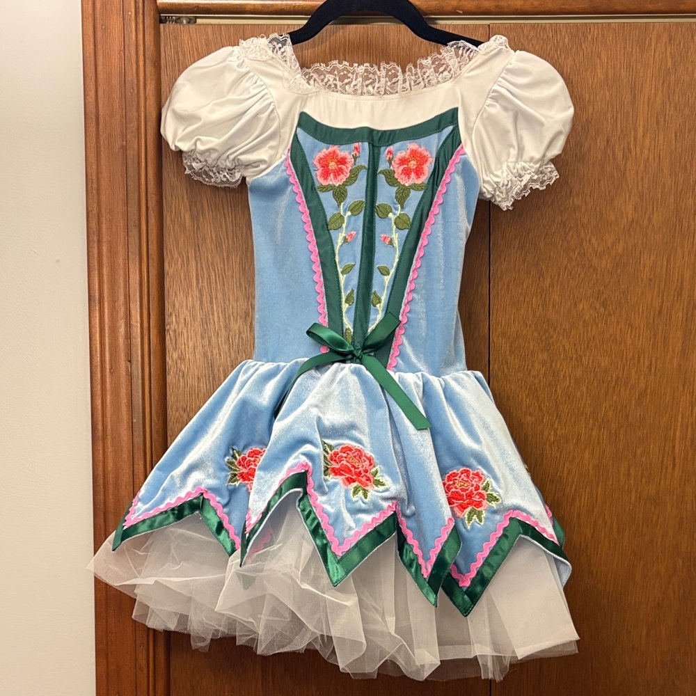 Floral Embroidered Kids Costume Dress - Blue and White